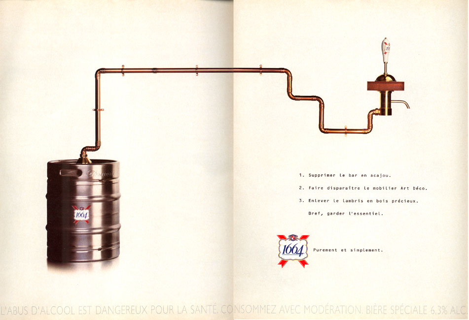 Publicité 1664 - Purement et simplement - Fut et tireuse - Garder l'essentiel - Agence BDDP - France - 1998
