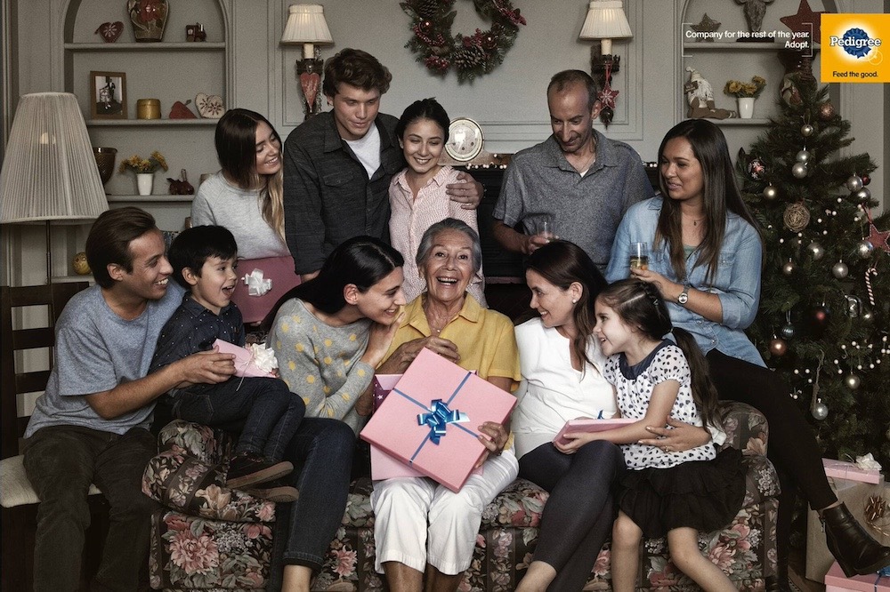 Publicité Pedigree - Adoption - Company for the rest of the year - Une grand-mère avec son cadeau de Noël sur un canapé entourée de sa famille aimante - Agence BBDO - Chili - 2018