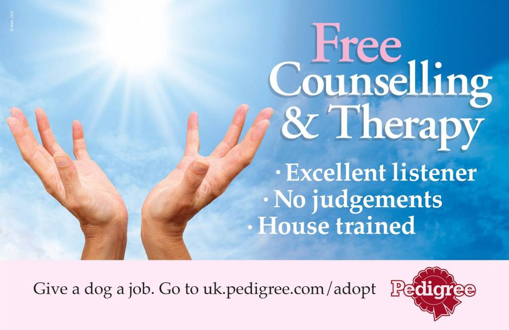 Publicité Pedigree - Adoption - Give a dog job - Annonce publicitaire - Free Counselling & Therapy - Agence AMV BBDO - GB - 2015
