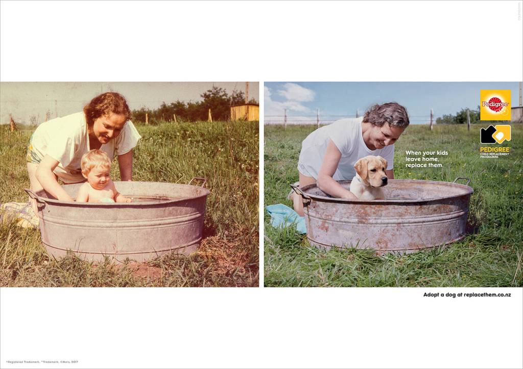 Publicité Pedigree - Adoption - When your kids leave home, replace them - Une vieille photo face à une photo récente - Un chien remplace l'enfant que la mère lave dans une bassine - Agence ColensoBBDO - Nouvelle-Zélande - 2017