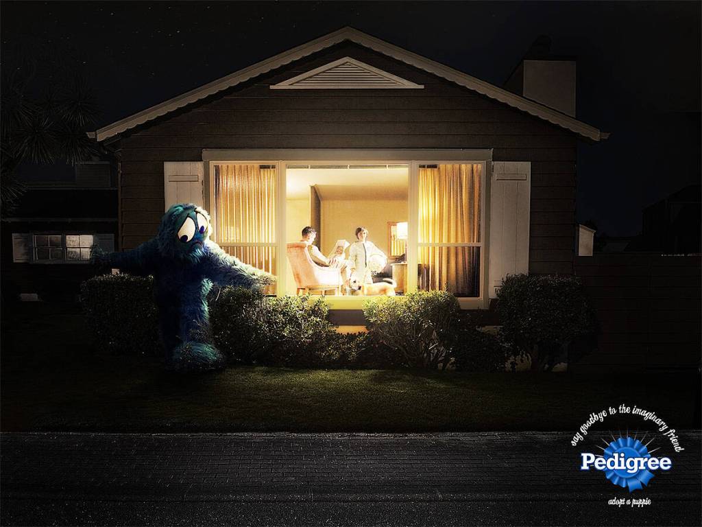Publicité Pedigree - Adopt a puppy - Say goodbye to the imaginary friend- Un enfant avec son chien dans le salon - L'ami imaginaire dehors dans les fourrées - Miami Ad School - Brésil 2010
