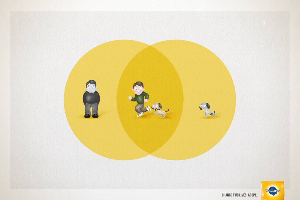 Publicité Pedigree - Adoption - Change two lives. Adopt - Un homme et un chien seuls de chaque côté - Au centre, l'homme court avec son chien - Agence BBDO - Mexique - 2014