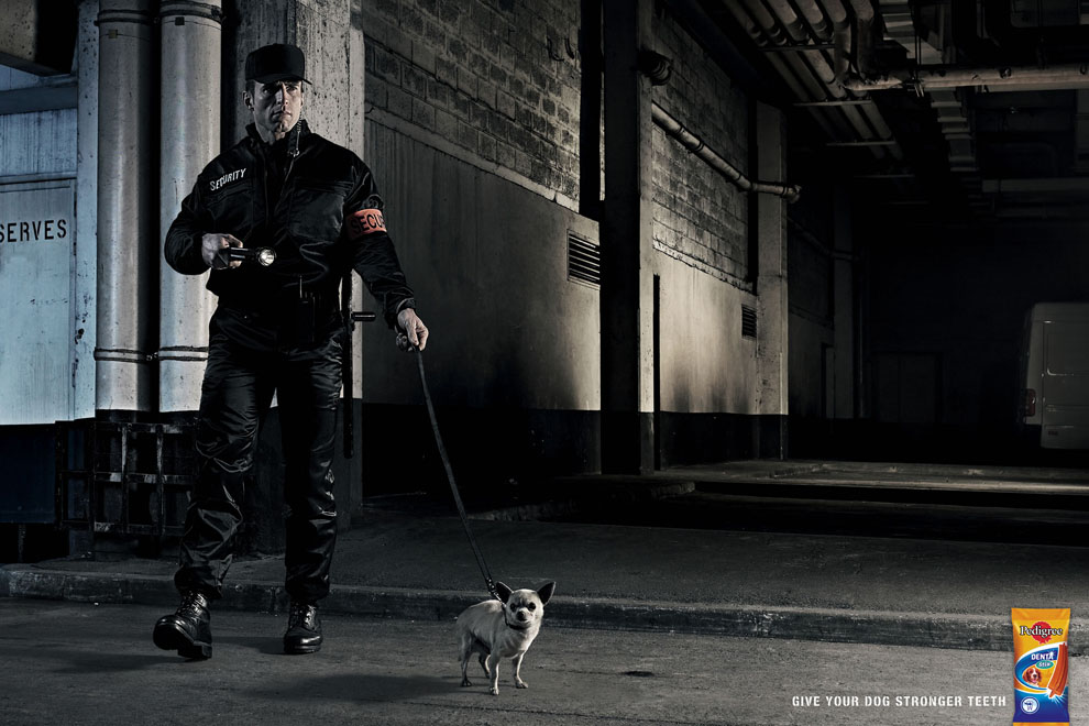 Publicité Pedigree - Dentastix - Donnez à votre chien des dents solides - Un gardien surveille un bâtiment avec un chihuahua - Agence TBWA - France - 2006