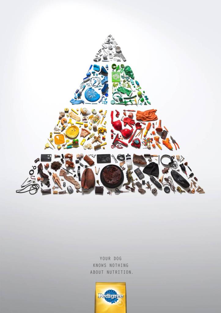 Publicité Pedigree - Triangle nutritionnel - Your dog knows nothing about nutrition - De nombreux objets que peut mordiller un chien rangés par couleurs - Agence BBDO - Mexique - 2015