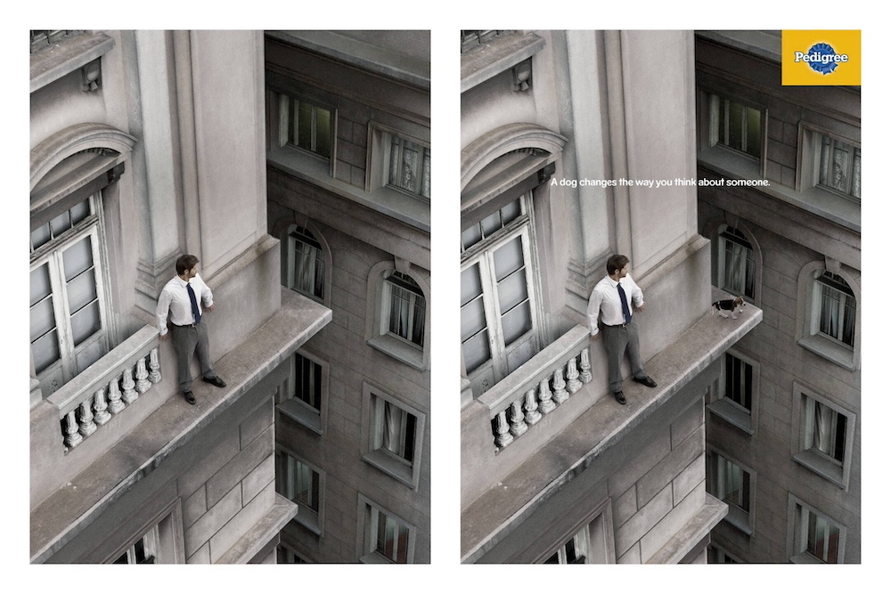 Publicité Pedigree - A dog changes the way you think about someone - Un suicidaire à gauche - un propriétaire de chien à droite - Agence AlmapBBDO - Brésil - 2014