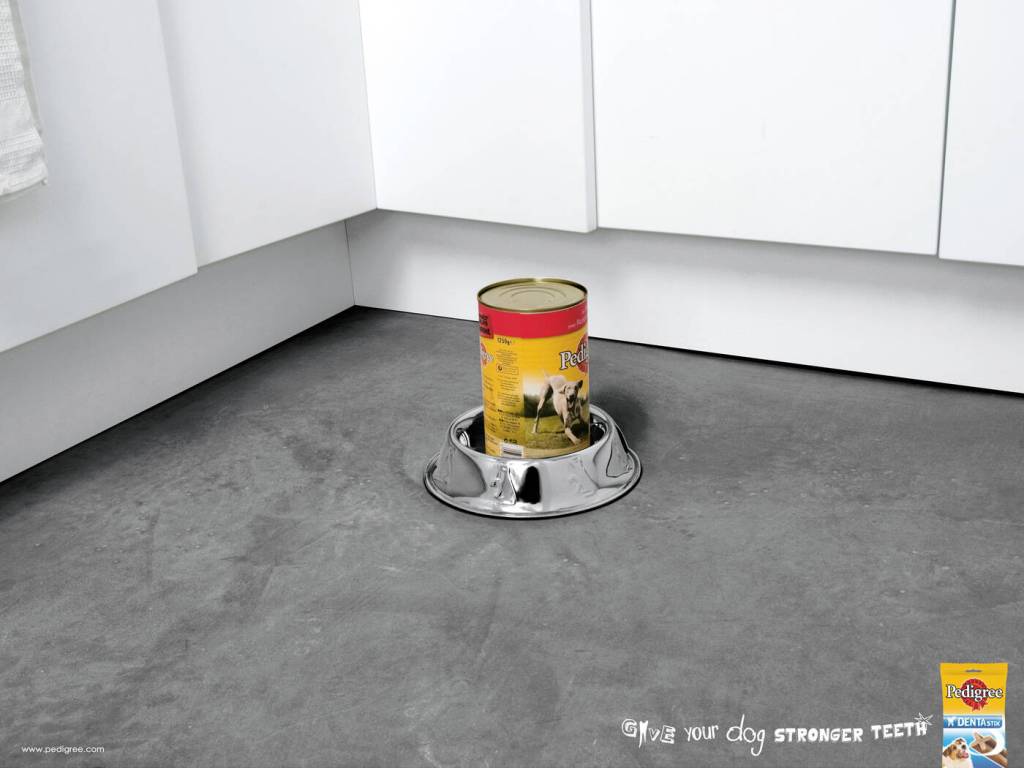 Publicité Pedigree - Rendez les dents de votre chien plus forte - Une conserve mise dans l'écuelle du chien - Agence TBWA - France - 2008