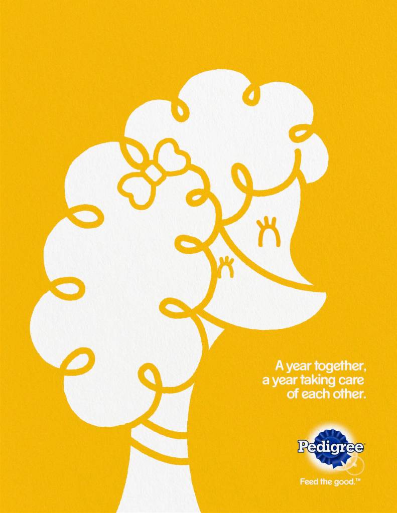 Pedigree - Covid - A year together, a year taking care of each other - Illustrations - La chienne et sa maîtressse se confondent - La chienne formant un masque - Même style - Agence BBDO - Mexique - 2021