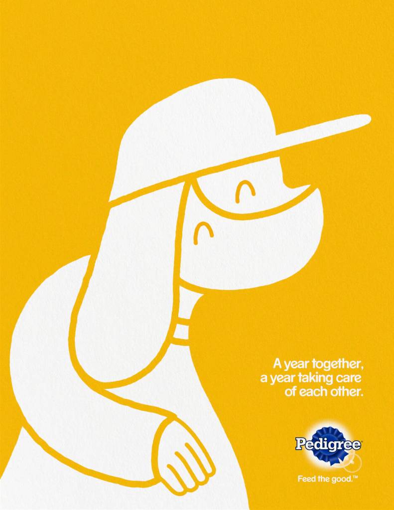 Pedigree - Covid - A year together, a year taking care of each other - Illustrations - Le chien et son maître se confondent - Le chien formant un masque - Casquette - Agence BBDO - Mexique - 2021