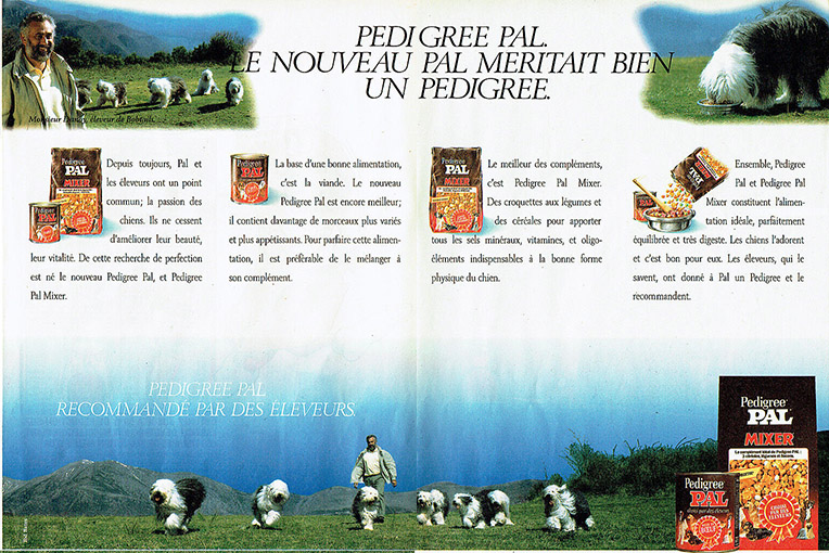 Publicité Pedigree - Pal Mixer - Le nouveau Pal mériterait bien un pedigree - Annonce presse double-page - Monsieur Danoy, éleveur de bobtails - 1989
