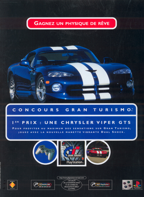 Publicité Playstation - Jeux Vidéo - Gran Turismo - Concours - Gagnez un physique de rêve - Une Chrysler Viper bleue sur fond noir - 