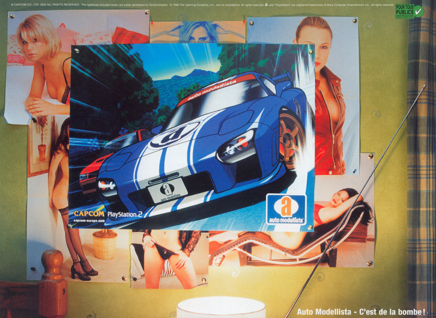 Publicité Playstation - Jeux Vidéo - Auto Modellista - C'est de la bombe - Un poster de voiture recouvre des affiches de mannequins 