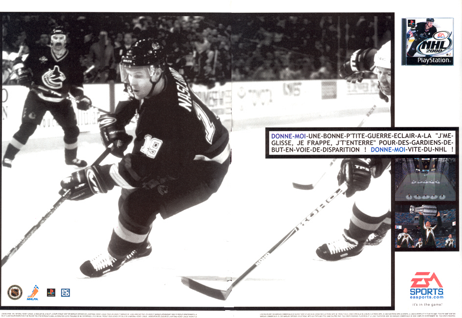 Publicité Playstation - Jeux Vidéo - EA Sports - NHL - Donne-moi une petite guerre éclair à la j'me glisse, je frappe - Image de hockeyeurs en noir et blanc