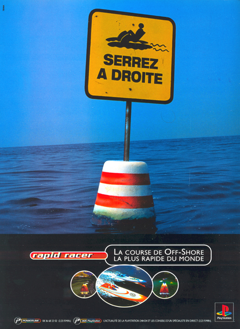 Publicité Playstation - Jeux Vidéo - Rapid Racer - La course de off-shore la plus rapide du monde - Une bouée en pleine mer avec l'inscription "Serrez à droite" 