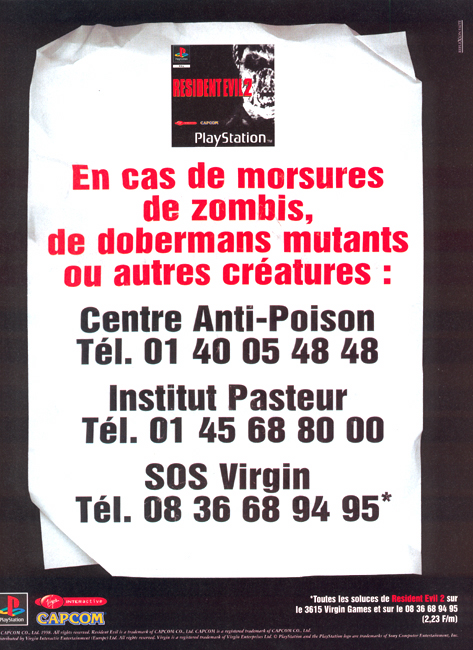 Publicité Playstation - Jeux Vidéo - Résident Evil 2 -Message de prévention en cas d'alerte de zombis, de dobermans mutants ou autres créatures