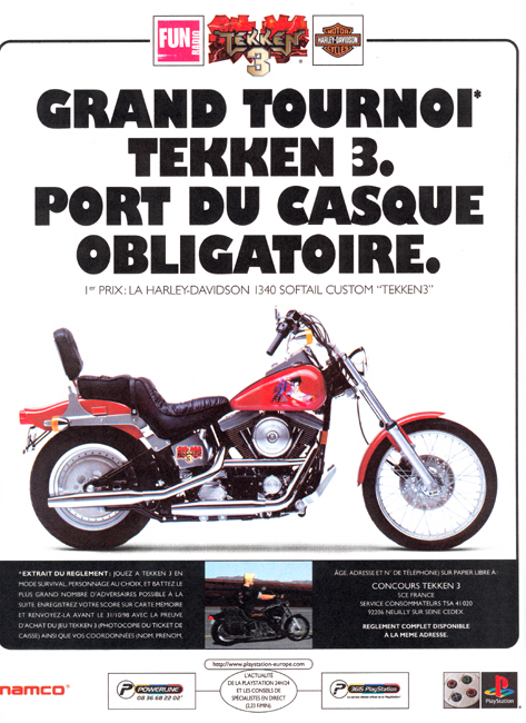 Publicité Playstation - Jeux Vidéo - Tekken 3 - Grand Tournoi de Tekken 3. Port du casque obligatoire - Mise en scène du premier prix : Une Harley Davidson