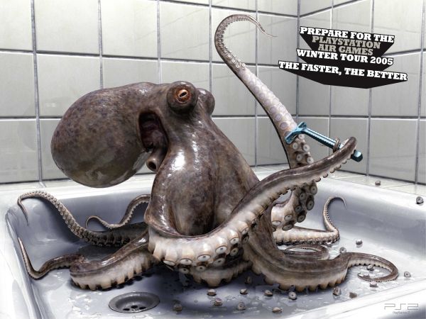 Publicité Playstation - Playstation Air game Winter Tour - Une pieuvre se rase les ventouses dans un lavabo pour mieux glisser - Agence TBWA - 2005
