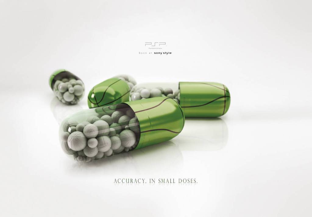 Publicité Playstation - PSP - Accuracy in small doses - Comprimé vert contenant des balles et des ballons - Agence Euro RSCG - Argentine - 2008