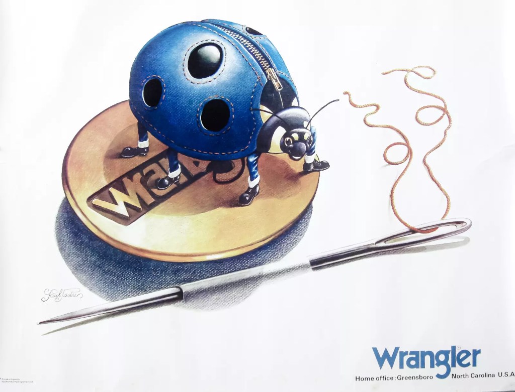 Publicité Wrangler - Jeans - Une coccinelle habillée de jeans sur un bouton près d'une aiguille - USA