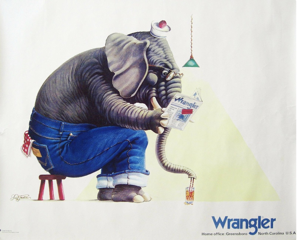 Publicité Wrangler - Jeans - Un éléphant assis sur un tabouret en jeans lit le journal en sirotant un verre - USA