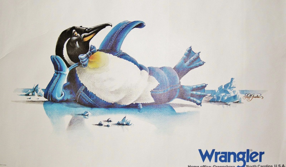 Publicité Wrangler - Jeans - Un pingouin couché sur la banquise en jeans prend la pose - USA