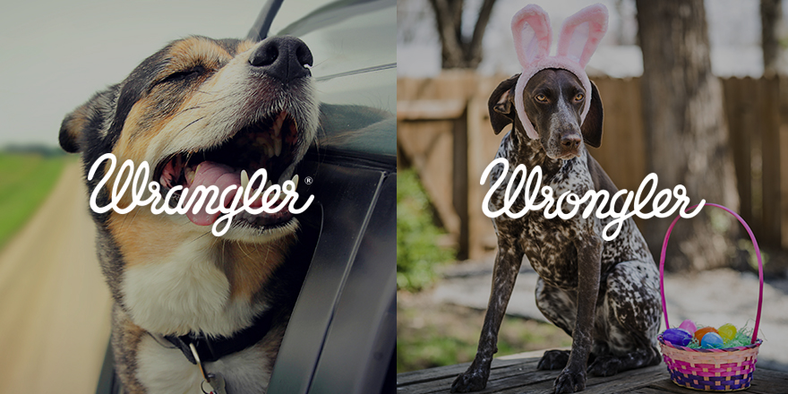 Publicité Wrangler - Wrangler VS Wrongler - Wrangler : Un chien sort la tête de la voiture - Wrongler - Un chien déguisé pour Pâques avec des oreilles de lapin - Agence We Are Pi - Pays-Bas
