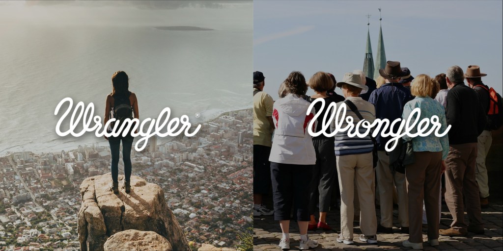 Publicité Wrangler - Wrangler VS Wrongler - Wrangler : Une femme seule surplombe une ville - Wrongler - Un groupe de touristes âgés devant un monument - Agence We Are Pi - Pays-Bas