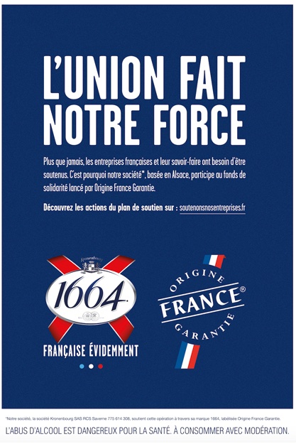 Publicité 1664 - Origine France - L'union fait la force - Ecriture blanche sur fond bleu - Logo Française évidemment - Agence la Chose - France - 2020
