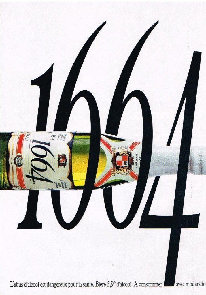 Publicité 1664 - Typographies - La bouteille entrelacée dans l'écriture du nombre 1664 - Fond blanc - Agence BDDP - France - 1991