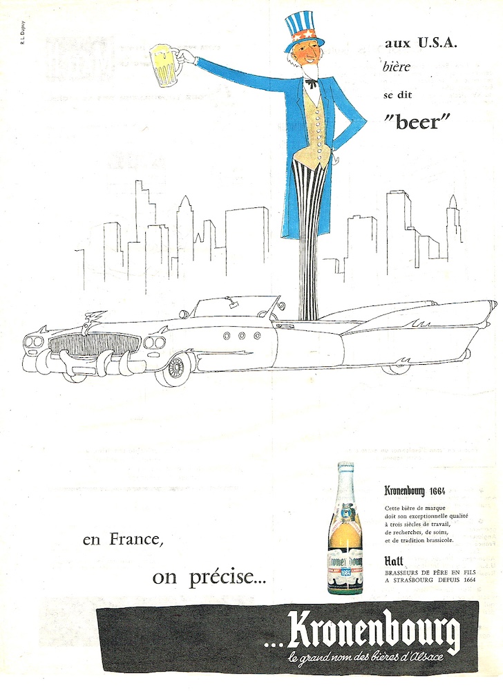 Publicité 1664 - Kronenbourg - 1664 - Aux USA, bière se dit "beer" - Oncle Sam dans une décapotable - 1960