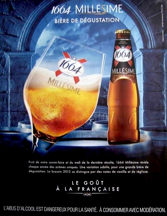 Publicité 1664- Le goût à la française - Millésime - Bière de dégustation - Verre et bière sous une arche - 2012 - Annonce presse