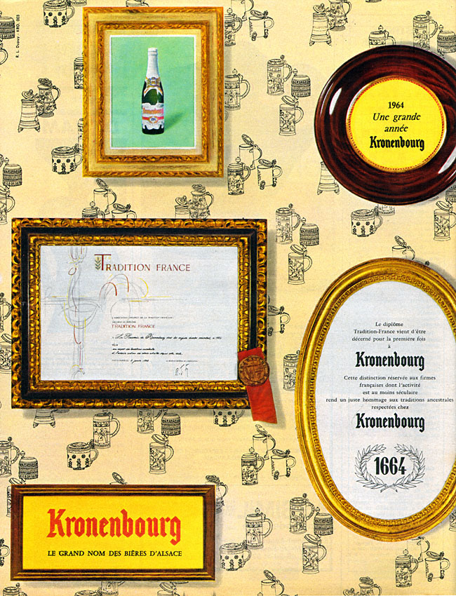 Publicité Kronenbourg - 1664 - 1964, une grande année Kronenbourg - 5 cadres sur un papier peint avec des verres de bière - Agence R.L. Dupuy - 1964