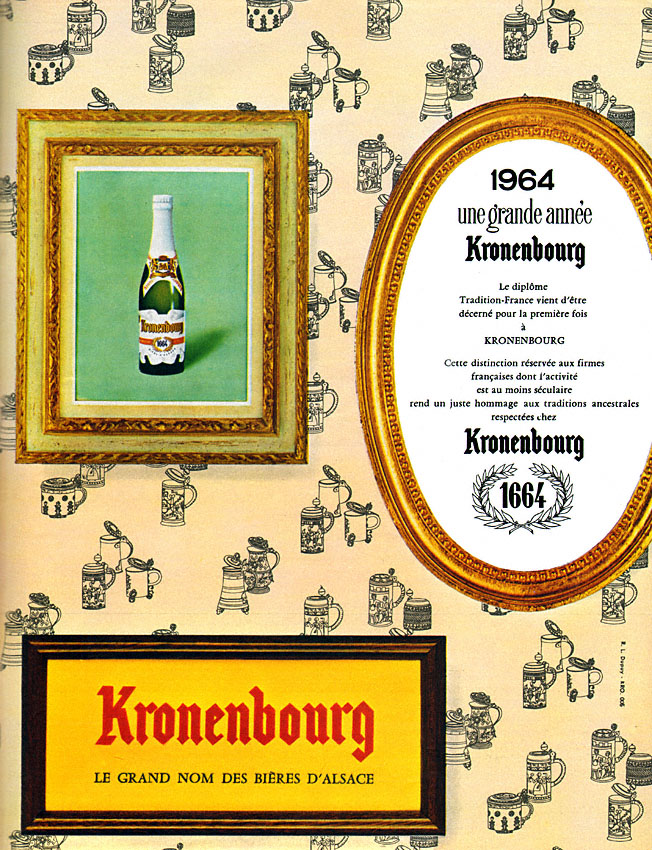 Publicité Kronenbourg - 1664 - 1964, une grande année Kronenbourg - 3 cadres sur un papier peint avec des verres de bière - Agence R.L. Dupuy - 1964