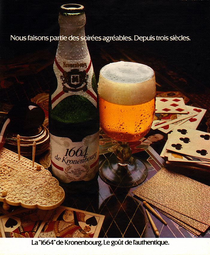 Publicité 1664 - Le goût de l'authentique - La 1664 de Kronenbourg. Le goût de l'authentique - Bouteille et verre et cartes à jouer - Agence Dupuy Compton - 1976