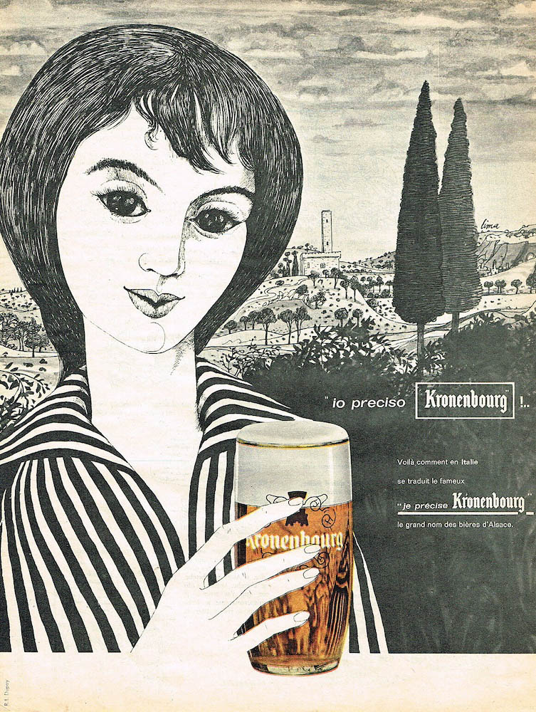 Publicité 1664 - Kronenbourg - 1664 - Illustration noir et blanc - Phrase en italien signifiant "Je précise Kronenbourg" - 1962
