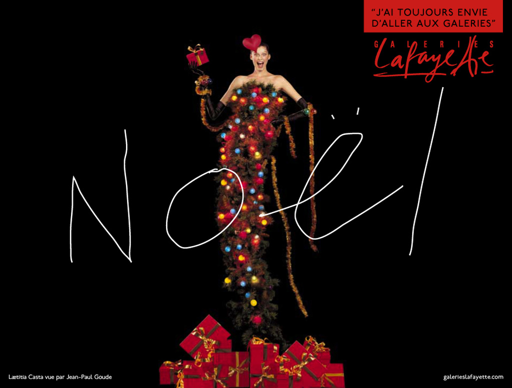 Publicité Galeries Lafayette - J'ai toujours envie d'aller aux Galeries - Laetitia Casta - Noël - Habillée en sapin de Noël - Jean Paul Goude - Agence Aubert Storch - 2001