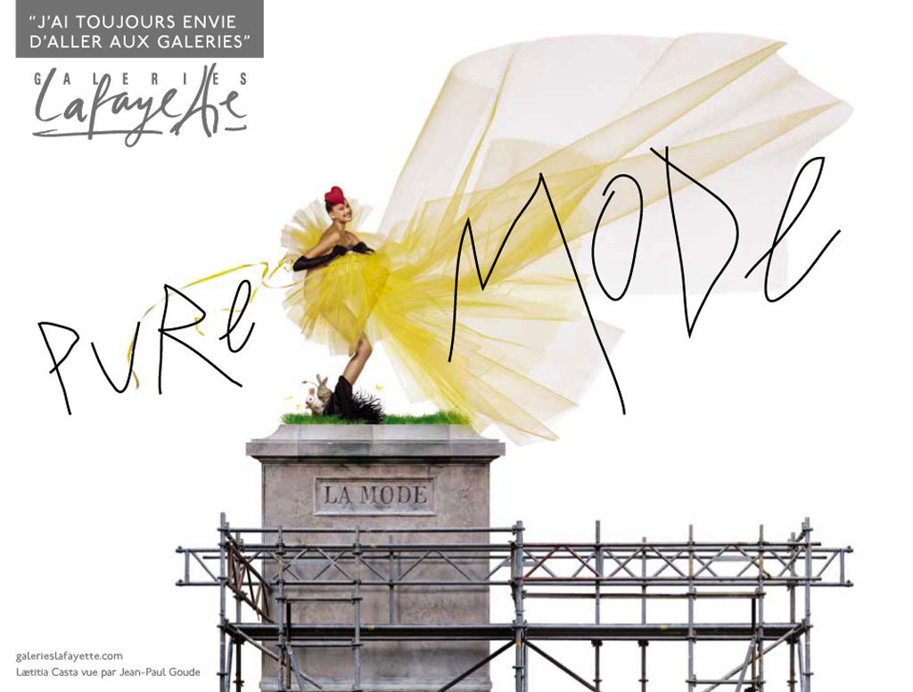 Publicité Galeries Lafayette - J'ai toujours envie d'aller aux Galeries - Laetitia Casta - Pure Mode - Sur un socle de statue - Jean Paul Goude - Agence Aubert Storch - 2001