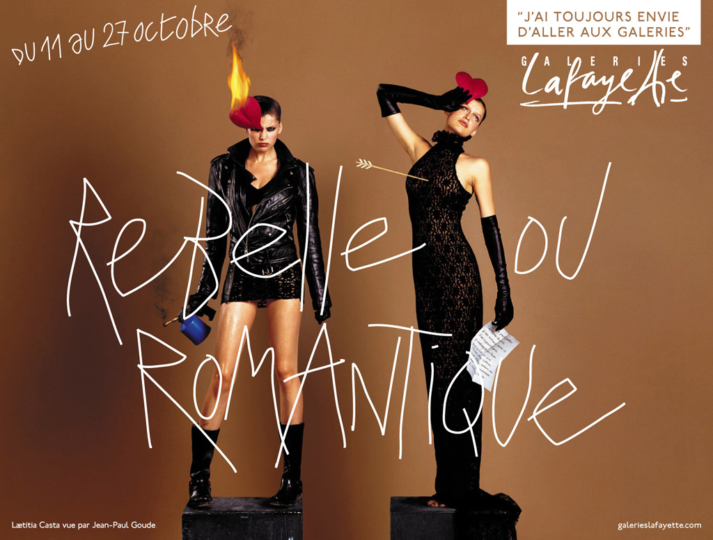 Publicité Galeries Lafayette - J'ai toujours envie d'aller aux Galeries - Laetitia Casta - Rebelle ou romantique - 2 looks, un plutôt rock et l'autre plutôt chic - Jean Paul Goude - Agence Aubert Storch - 2001