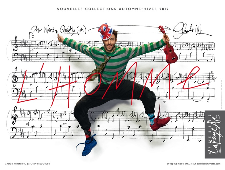 Publicité Galeries Lafayette - L'homme - Charlie Winston sautant devant une partition musicale, violon à la main - Agence Aubert Storch associés - Jean Paul Goude - Automne-Hiver 2012