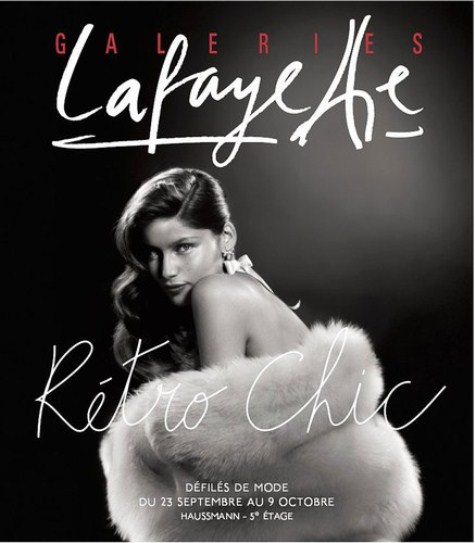 Publicité Galeries Lafayette - Retro chic - Laetitia Casta - Habillée d'une fourrure, photo glamour en noir et blanc dans l'esprit Harcourt - Agence Aubert Storch associés - Jean Paul Goude