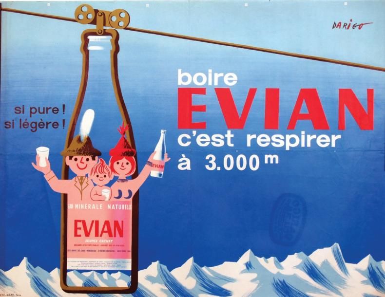 Publicité evian - Boire EVIAN, c'est respirer à 3000 mètres - Une famille dans un téléphérique - Illustration Darigo