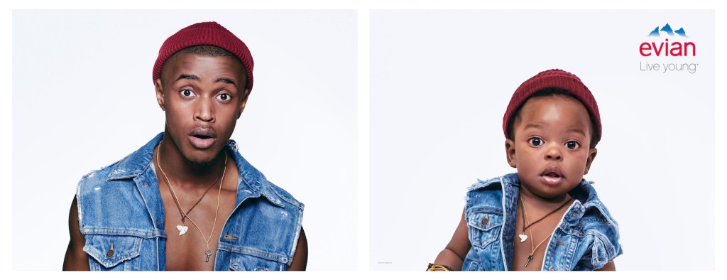 Publicité evian - Baby Bay - Homme avec bonnet rouge et veste en jean sans manche et son équivalent en bébé - Agence BETC - 2016