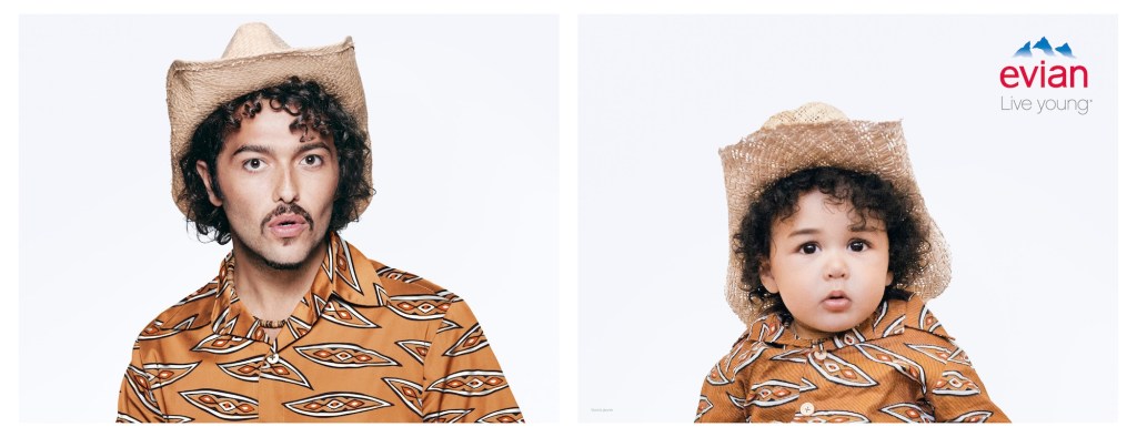 Publicité evian - Baby Bay - Homme moustachu avec chapeau et chemise fun et son équivalent en bébé - Agence BETC - 2016