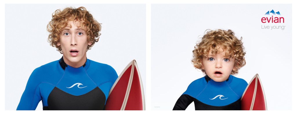 Publicité evian - Baby Bay - Surfer avec une combinaison et un surf sous le bras et son équivalent en bébé - Agence BETC - 2016