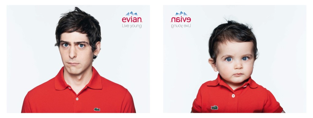 Publicité evian - Baby ans me - Andréas - Homme en polo rouge et son équivalent en bébé - Agence BETC - 2013