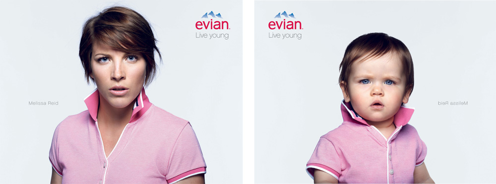 Publicité evian - Baby ans me - Melissa Reid en polo rose et son équivalent en bébé - Agence BETC - 2013