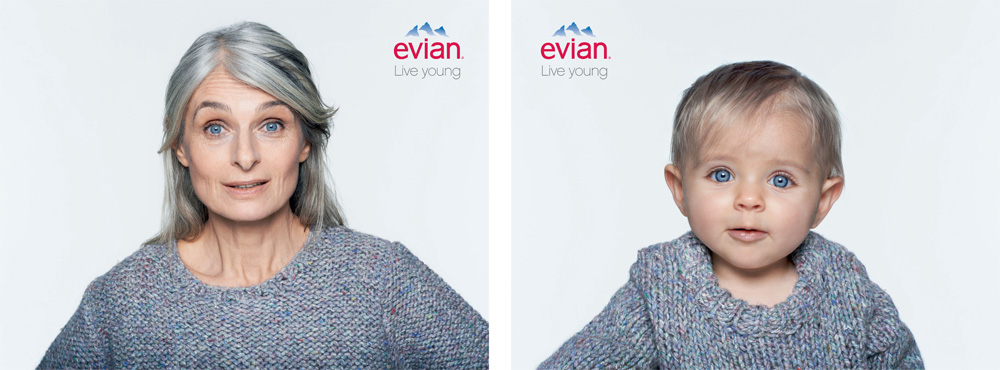 Publicité evian - Baby ans me - Femme âgée grisonnante en pull gris et son équivalent en bébé - Agence BETC - 2013