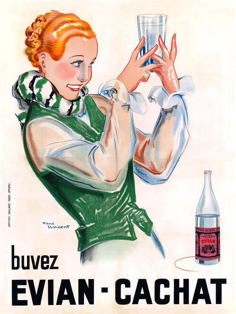 Publicité EVIAN-CACHAT - Buvez EVIAN-CACHAT - Illustration - Femme habillée de vert regarde son verre - 1935