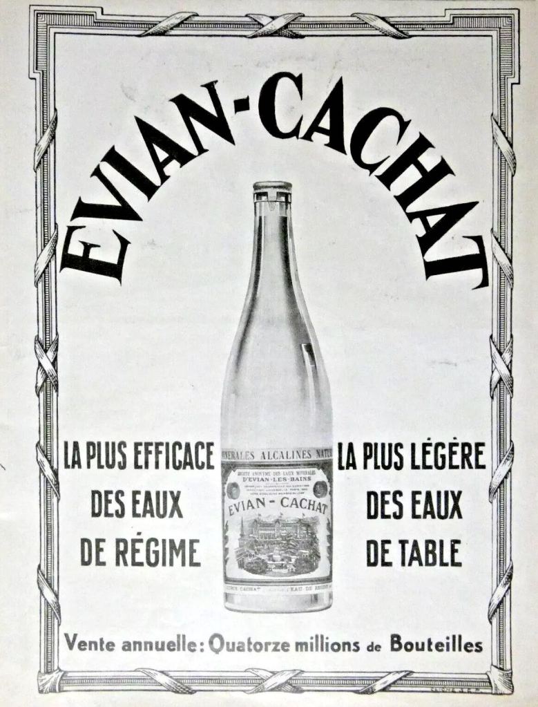 Publicité EVIAN-CACHAT - La plus efficace des eaux de régime, la plus légère des eaux de table - Bouteille au centre en noir et blanc - 1924