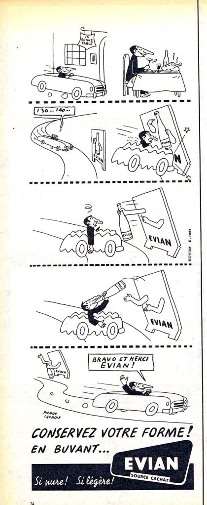Publicité EVIAN - Conservez votre forme en buvant EVIAN - BD - Noir et Blanc - Accident de voiture - 1956