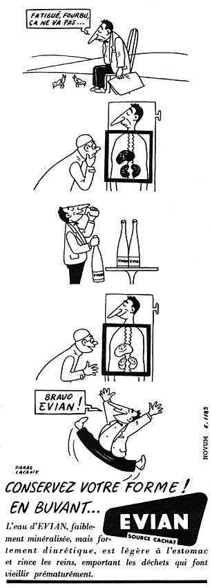 Publicité EVIAN - Conservez votre forme en buvant EVIAN - BD - Noir et Blanc - Homme fatigué - Radio - Retrouve son dynamisme - 1956